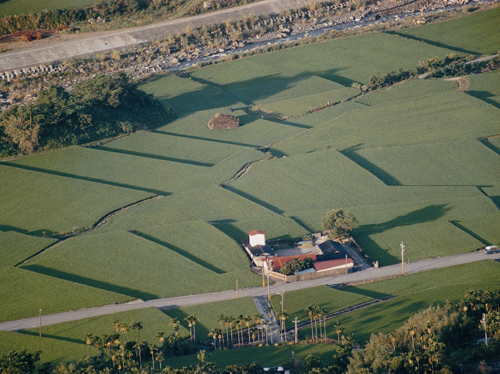 水稻田俯瞰景觀，阡陌縱橫，一覽無遺。台灣農業的發展，各農田水利會扮演了居功厥偉的地位。