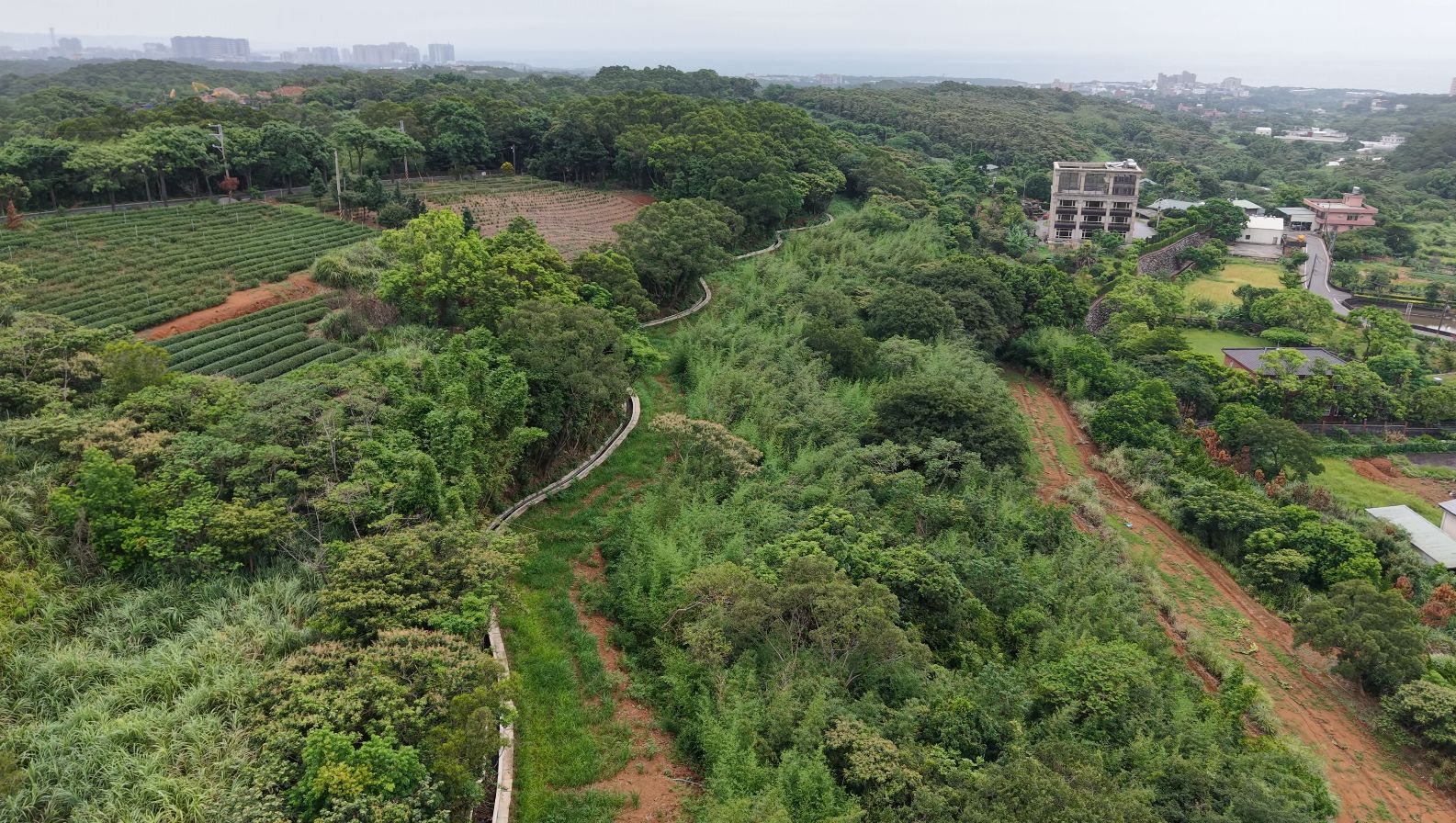 安子內東圳位於淡水區蕃薯里，渠道順應地形蜿蜒延伸，展現自然線型與傳統水圳風貌。周邊綠意環繞，兼具灌溉功能、歷史脈絡與景觀美感。